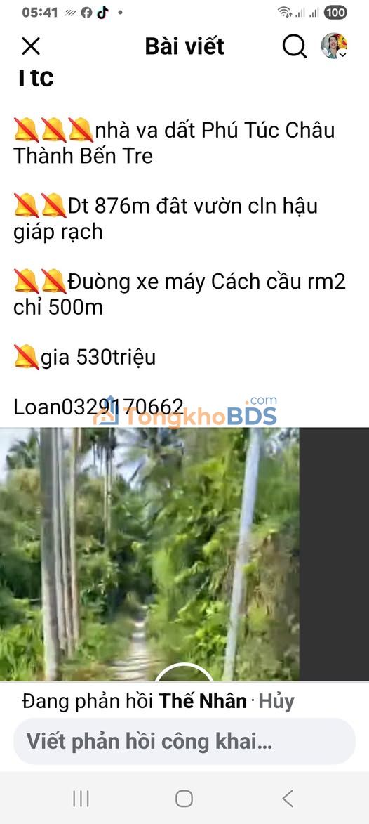 Đất vườn Phú Túc Bến Tre 876m² 530 triệu - Đầu tư dài hạn