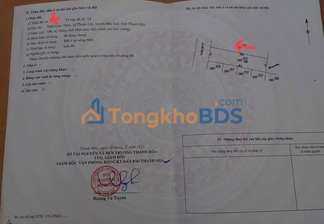 Đất Thuần Lộc Hậu Lộc 196m² giá 1 tỷ - Đường to ô tô