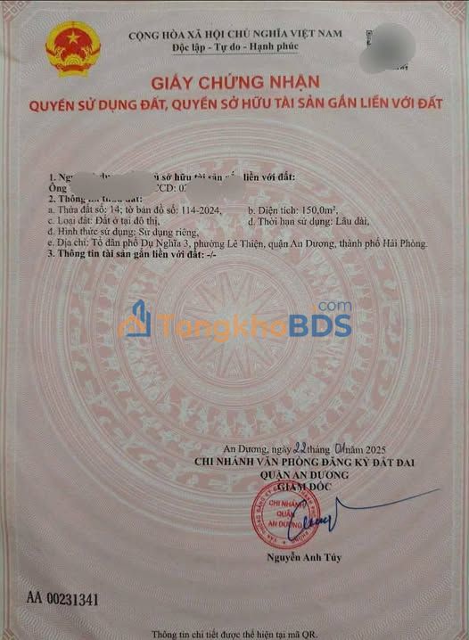 Đất An Dương Hải Phòng 150m² giá thỏa thuận - Sổ đỏ chính chủ