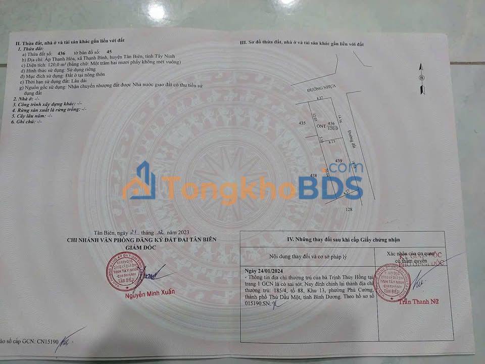 Đất nền Thạnh Bình Tân Biên 120m² 460 triệu - Đường ô tô vào được