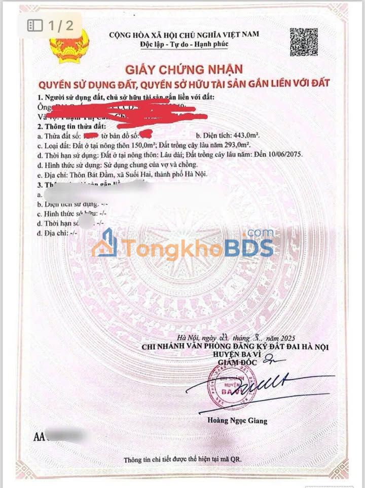 Đất nền Ao Vua Ba Vì 443m² giá 3 tỷ - Sổ đỏ chính chủ