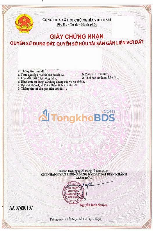 Đất nền Diên Điền Diên Khánh 173m² 1,557 tỷ - Sổ đỏ