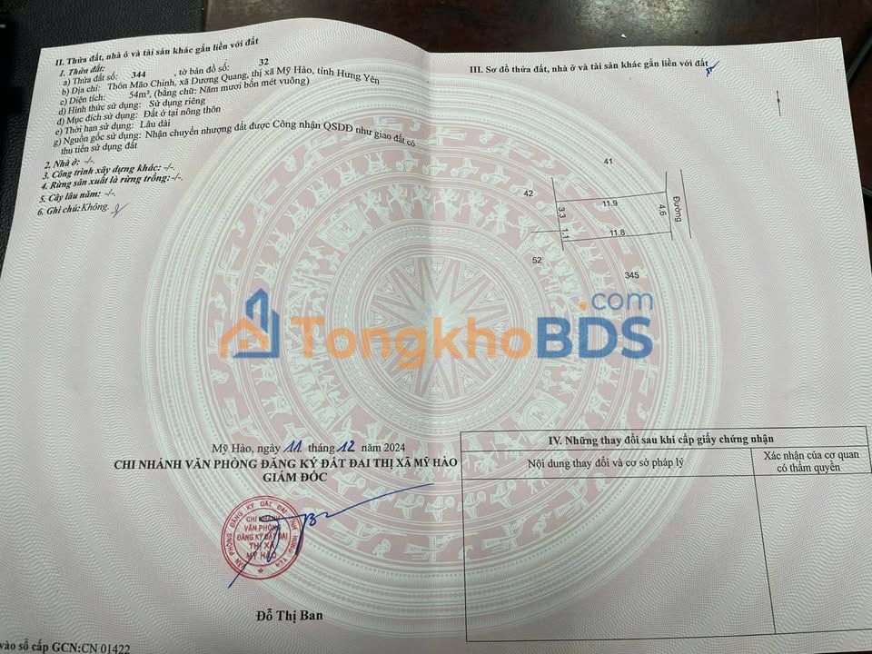 Đất nền Thôn Mão Chinh Mỹ Hào 54m² 1 tỷ - Sổ đỏ chính chủ