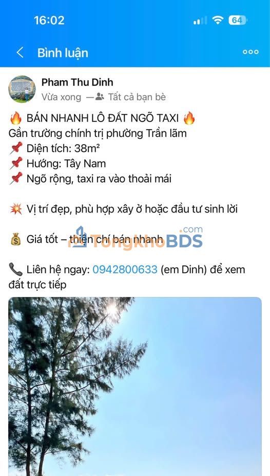 Đất nền Trần Lãm Thái Bình 38m² 1.38 tỷ - Đường ô tô vào