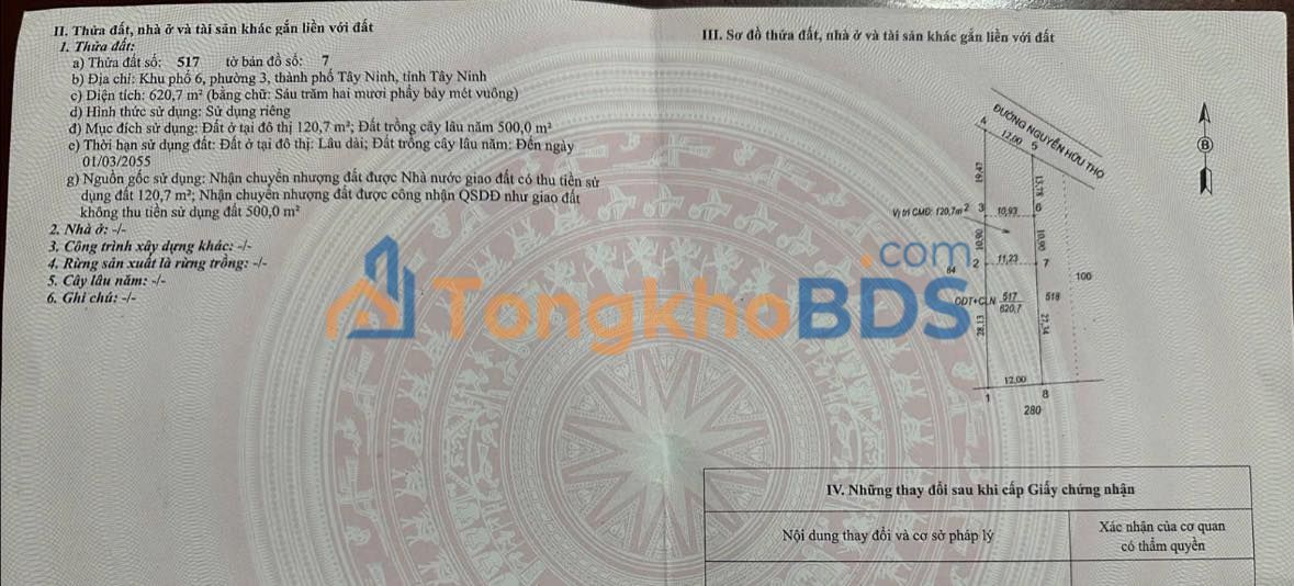 Đất Nguyễn Hữu Thọ Tây Ninh 720m² 6 tỷ - Thổ cư 100%