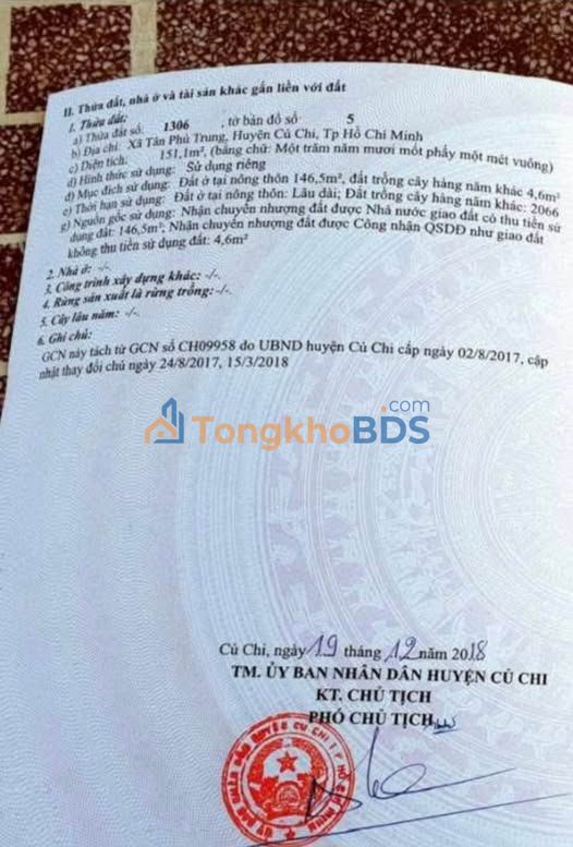 Đất Tân Phú Trung 151m² 2.5 tỷ - Đất thổ cư 100% xây tự do