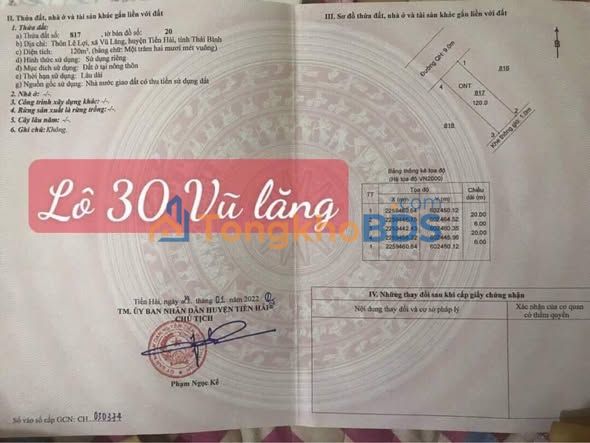 Đất nền Vũ Lăng Tiền Hải 120m² giá 1 tỷ - Đường to ô tô