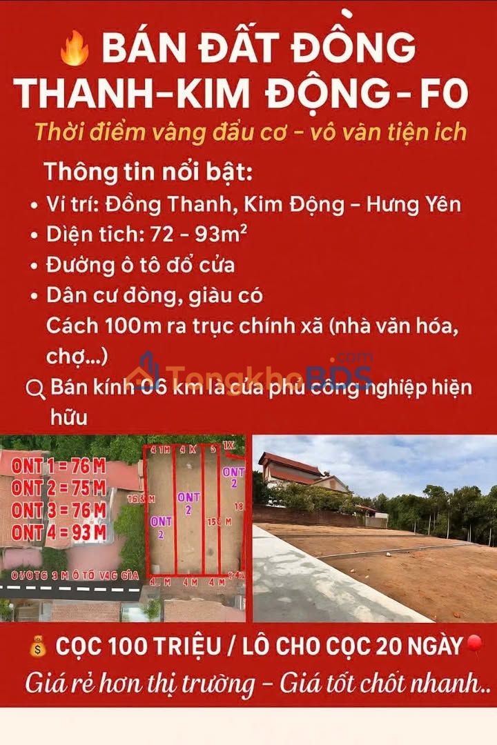 Đất nền Đồng Thanh Kim Động 72-93m² giá F0 Sổ đỏ
