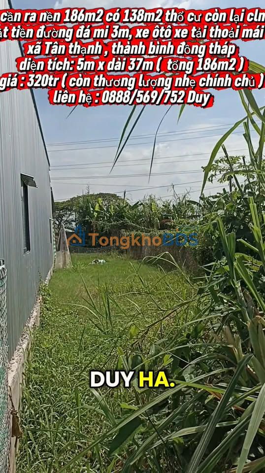 Đất nền Tân Thạnh, Thanh Bình 186m² 320 triệu - Sổ đỏ chính chủ