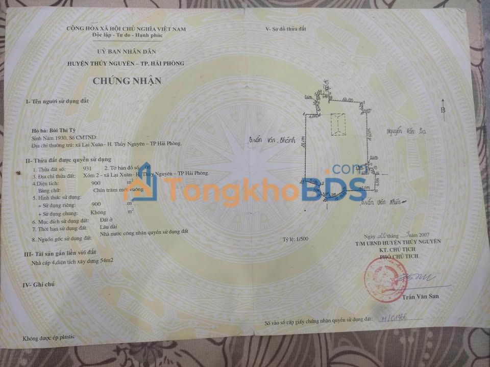 Đất nền Thôn 2 Lại Xuân 900m² 3.6 tỷ - Sổ đỏ chính chủ