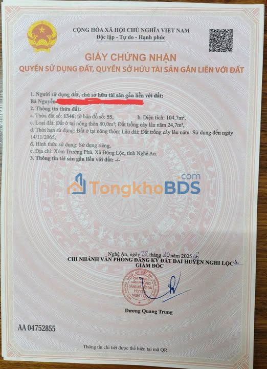 Đất nền Trường Phú Đông Lộc Vinh 104m² 1,4 tỷ - Sổ đỏ chính chủ