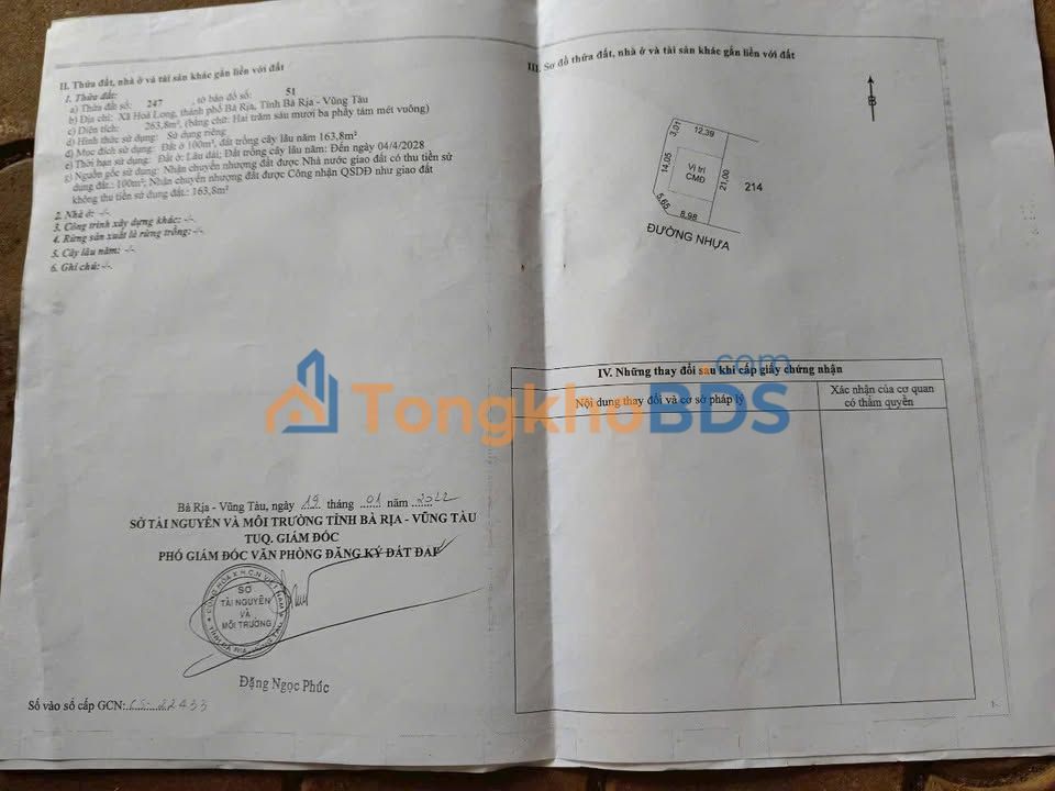 Đất nền Hòa Long Bà Rịa 264m² 2.45 tỷ - Sổ đỏ chính chủ