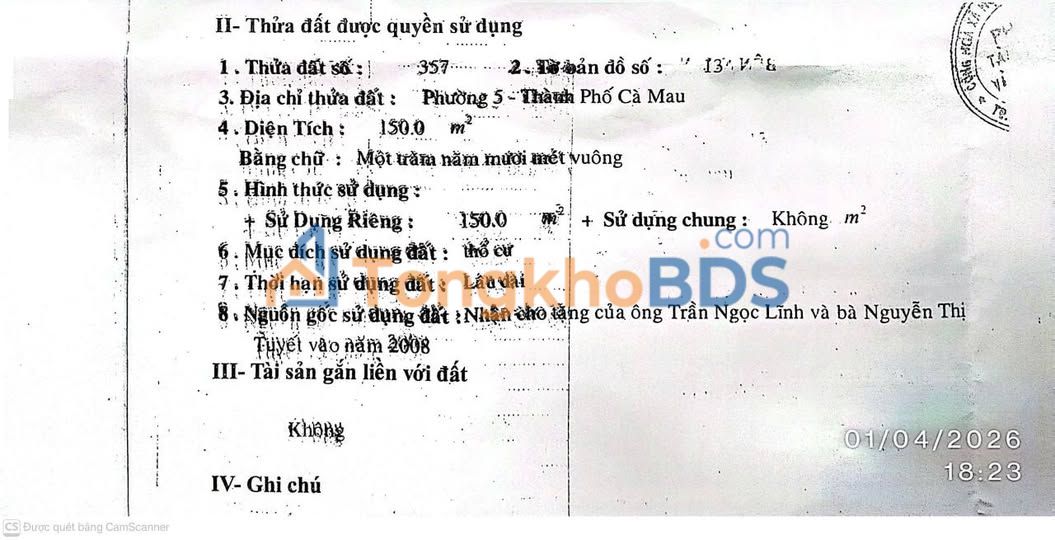 Đất nền Lê Hoàng Thá, Cà Mau 150m²/3 tỷ - Pháp lý rõ ràng