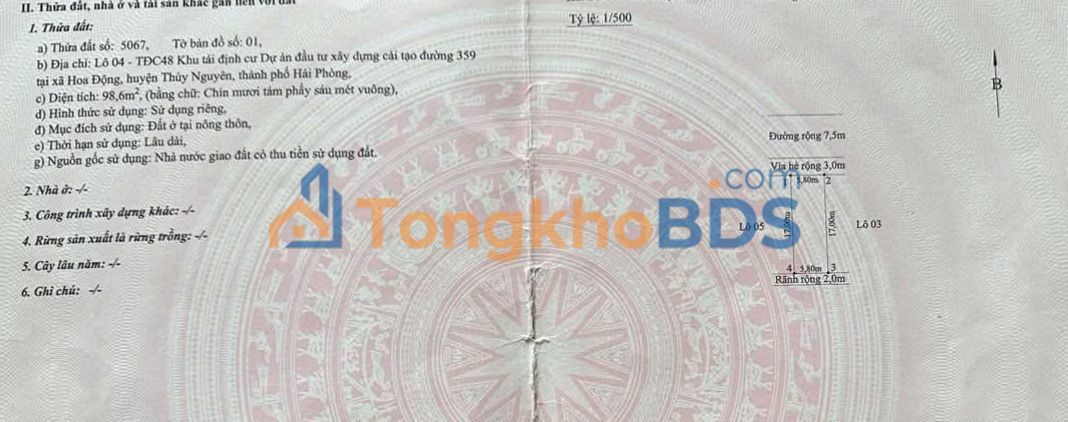 Đất TDC Hoa Động Thuy Nguyen 99m2 5 tỷ - Sổ đỏ chính chủ