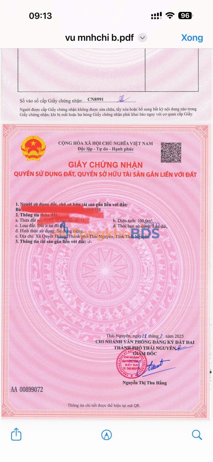 Đất Trung Thành, Thái Nguyên 100m² 2 tỷ - Sổ đỏ chính chủ