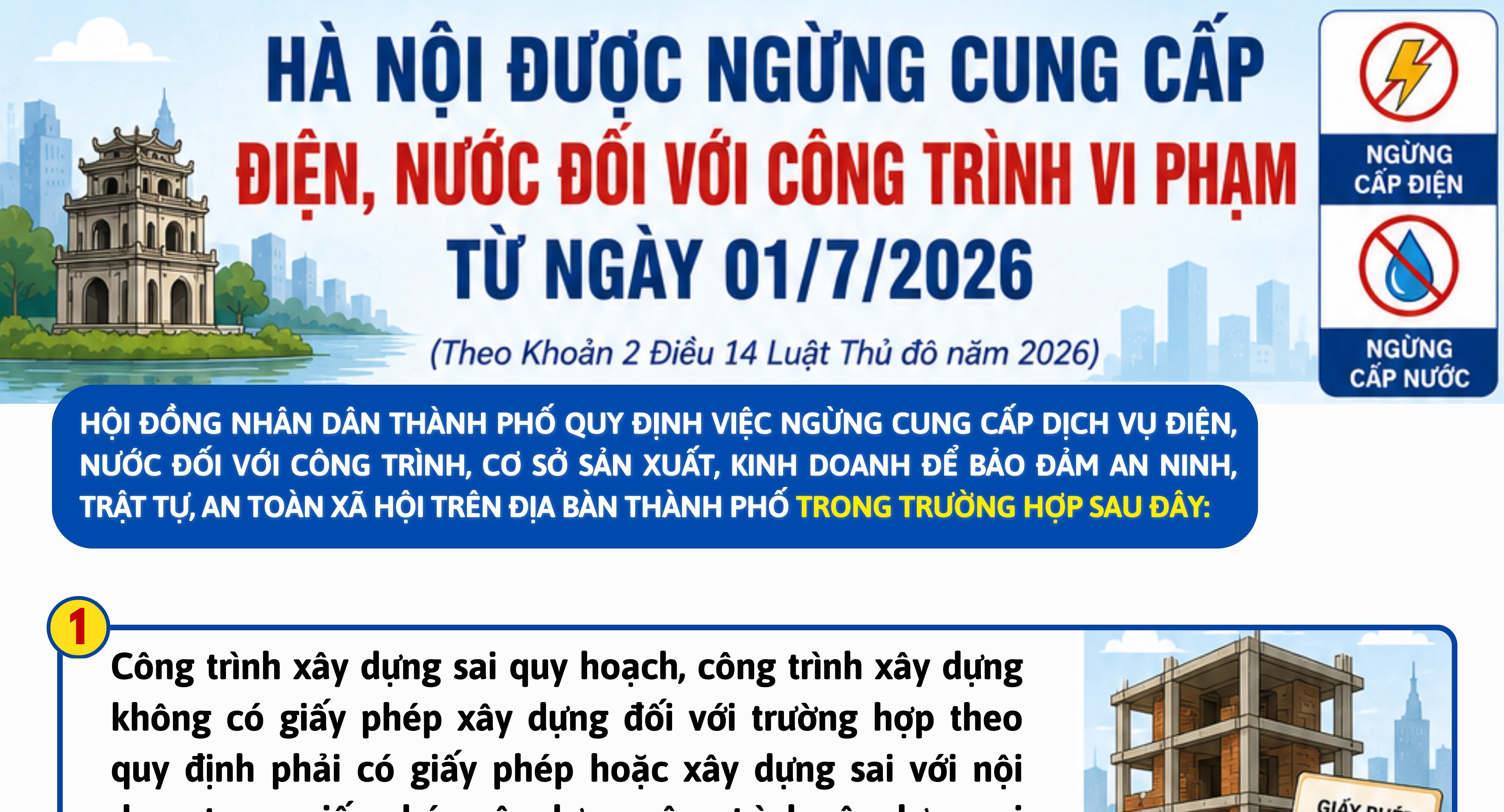 Hà Nội được ngừng cung cấp điện, nước đối với công trình vi phạm từ 01/7/2026